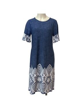 Ellen Weaver Blue Dress M White Lace Trim Short Sleeve Stretch